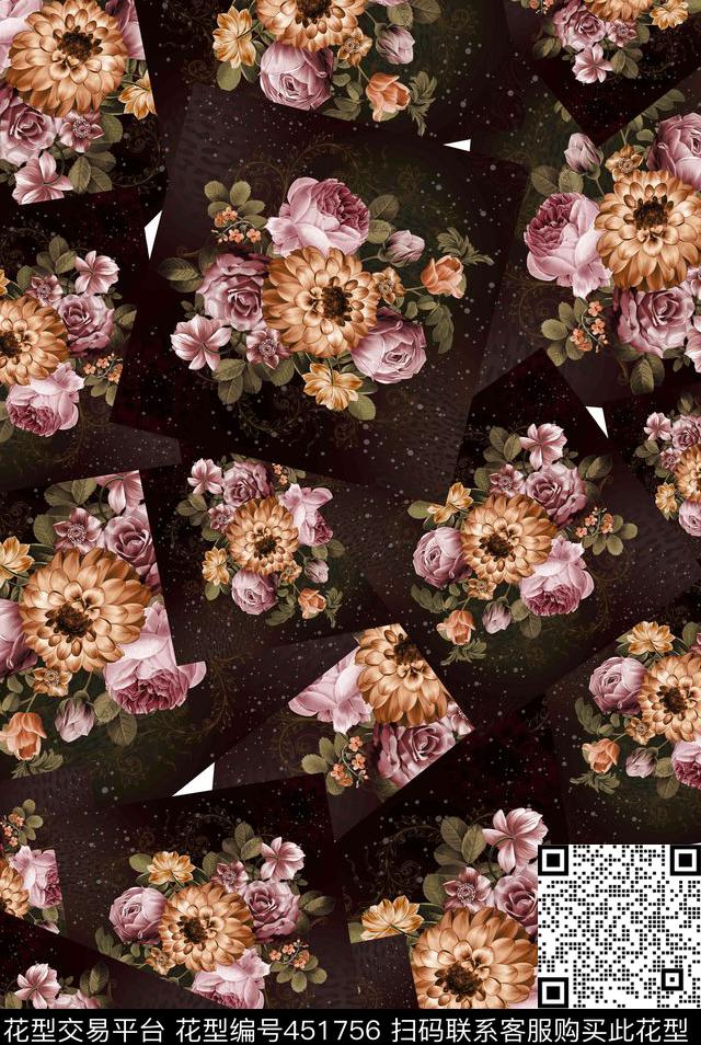 复古花卉写实数码印花华亿平台下载（图片编号: 451756） - 瓦栏（Walan）