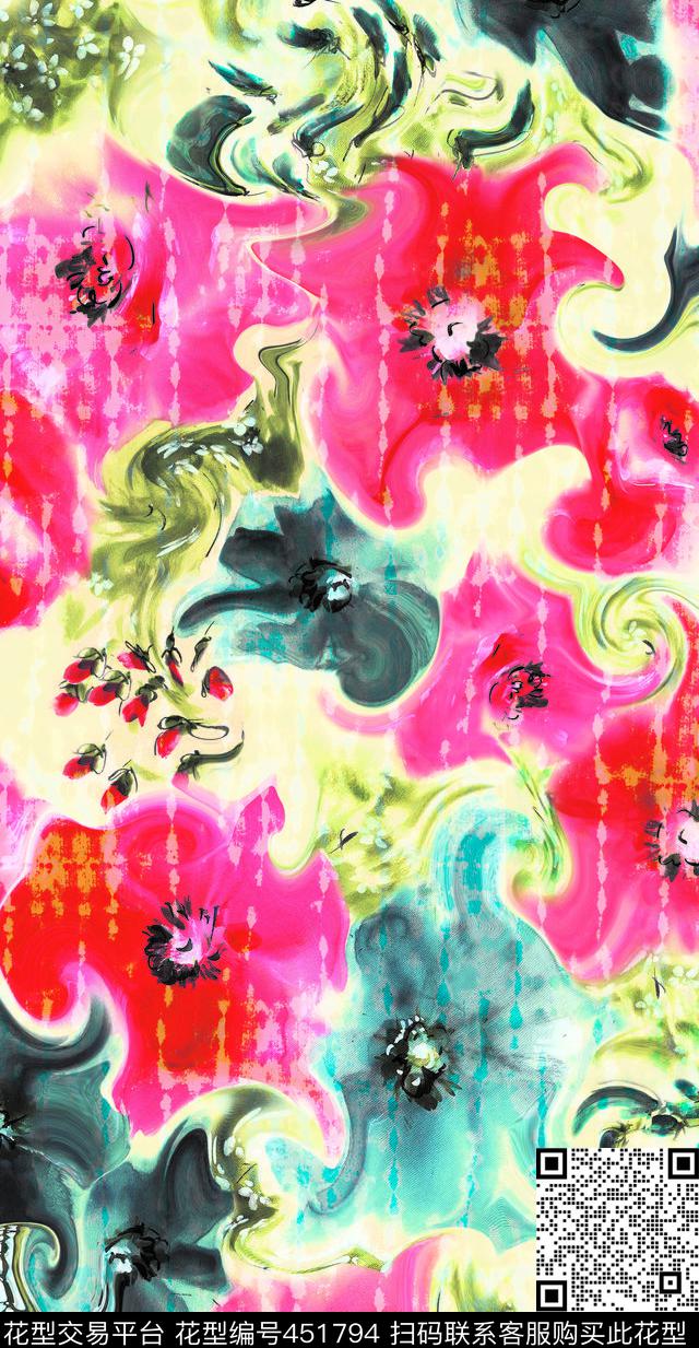 花卉抽象水粉花女装数码印花华亿平台下载（图片编号: 451794） - 瓦栏（Walan）