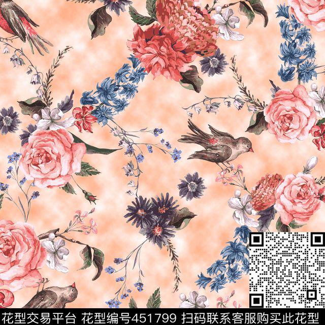 花卉女装矢量花鸟数码印花华亿平台下载（图片编号: 451799） - 瓦栏（Walan）