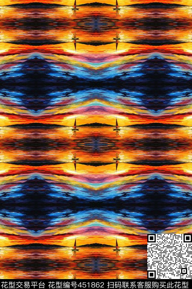 重彩油画夕阳帆船倒影时尚潮流数码印花华亿平台下载（图片编号: 451862） - 瓦栏（Walan）