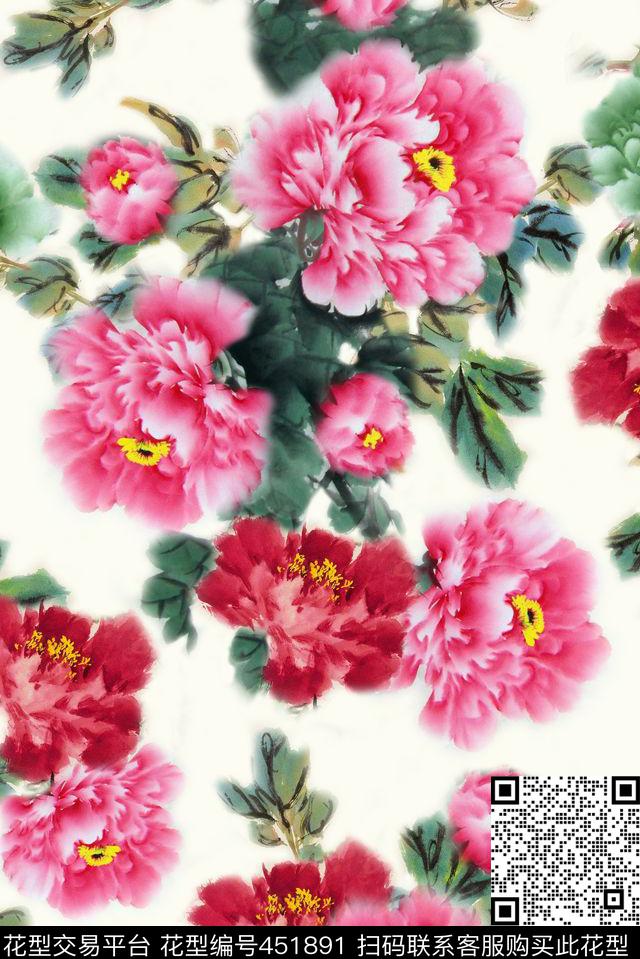 水墨国画牡丹数码印花华亿平台下载（图片编号: 451891） - 瓦栏（Walan）