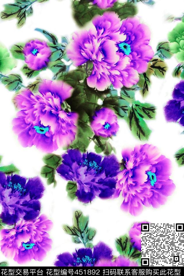 水墨国画牡丹数码印花华亿平台下载（图片编号: 451892） - 瓦栏（Walan）