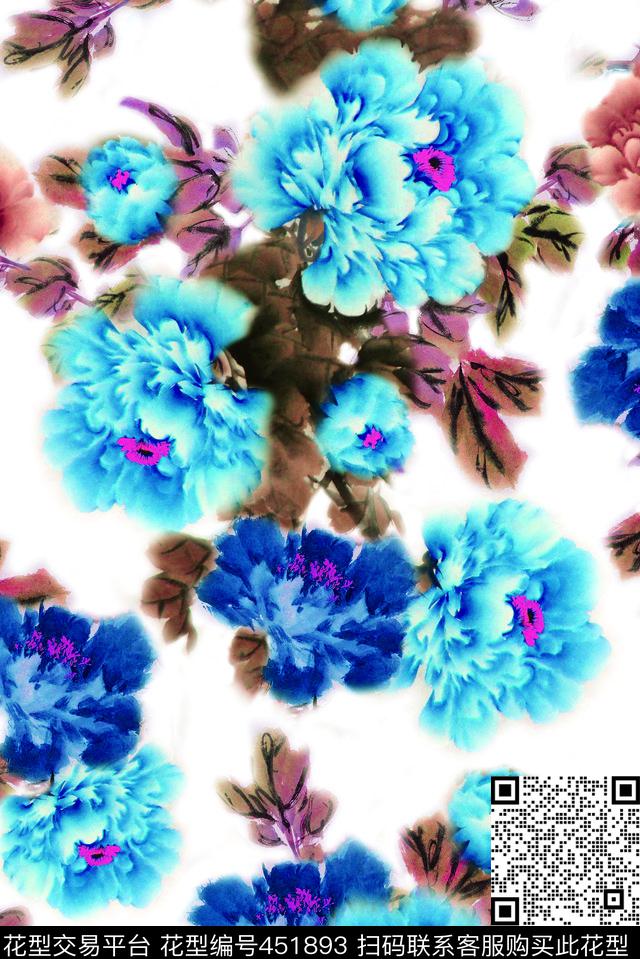 水墨国画牡丹数码印花华亿平台下载（图片编号: 451893） - 瓦栏（Walan）