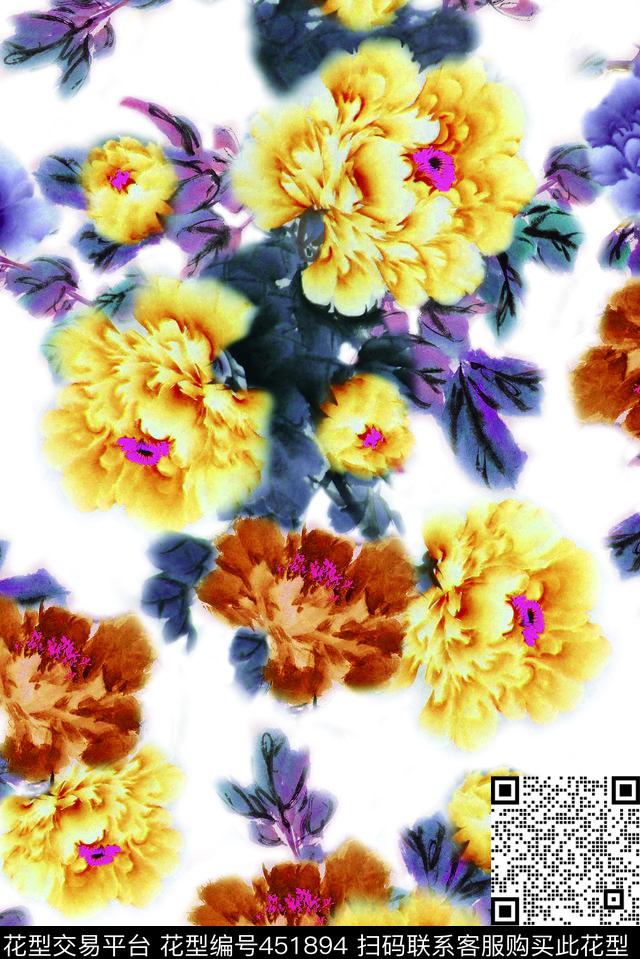 水墨国画牡丹数码印花华亿平台下载（图片编号: 451894） - 瓦栏（Walan）