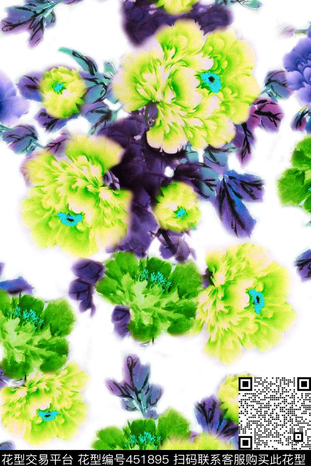 水墨国画牡丹数码印花华亿平台下载（图片编号: 451895） - 瓦栏（Walan）