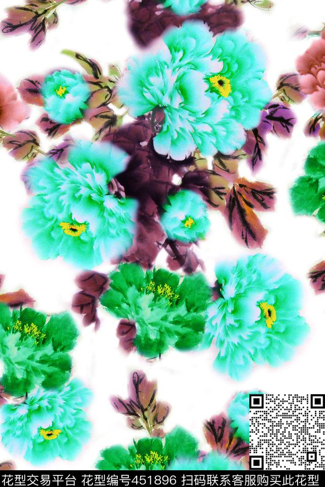 水墨国画牡丹数码印花华亿平台下载（图片编号: 451896） - 瓦栏（Walan）