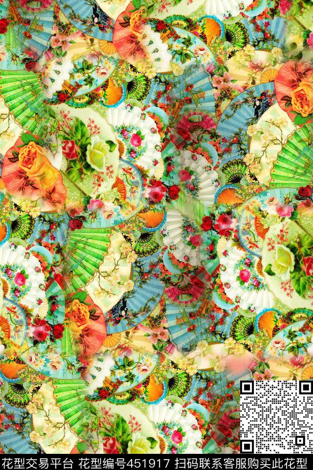 古典花卉扇子数码印花华亿平台下载（图片编号: 451917） - 瓦栏（Walan）