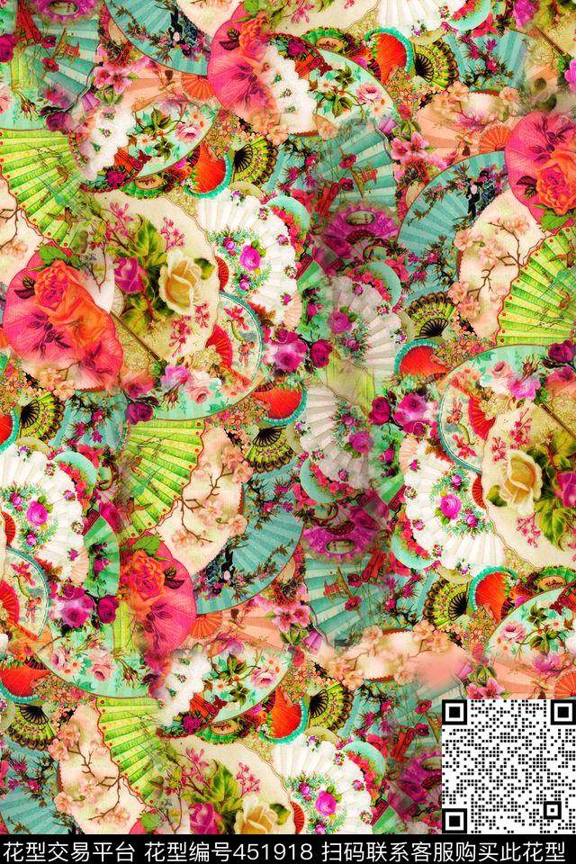 古典扇子花卉数码印花华亿平台下载（图片编号: 451918） - 瓦栏（Walan）