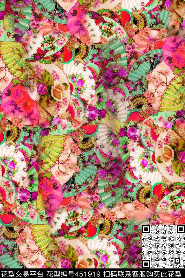 古典扇子花卉数码印花华亿平台下载（图片编号: 451919） - 瓦栏（Walan）