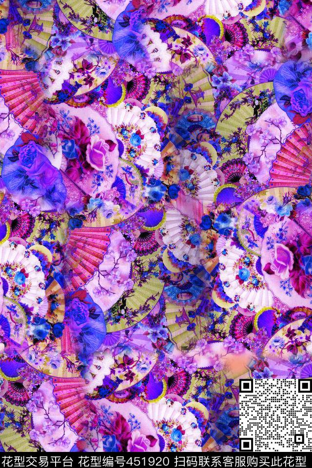 古典扇子花卉数码印花华亿平台下载（图片编号: 451920） - 瓦栏（Walan）