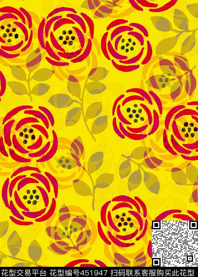 清新简笔花玫瑰传统印花华亿平台下载（图片编号: 451947） - 瓦栏（Walan）