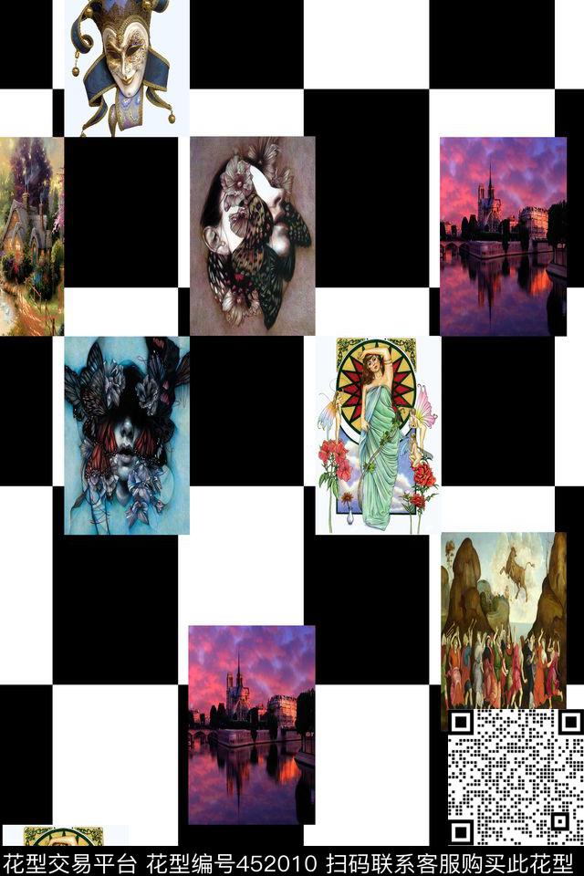 几何经典黑白抽象图案建筑人物花卉数码印花华亿平台下载（图片编号: 452010） - 瓦栏（Walan）