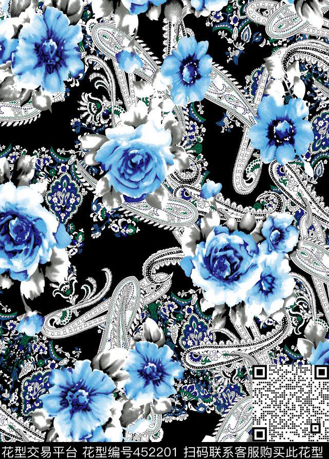花朵腰果线条传统印花华亿平台下载（图片编号: 452201） - 瓦栏（Walan）