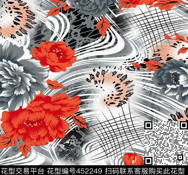 井字格牡丹曲线传统印花华亿平台下载（图片编号: 452249） - 瓦栏（Walan）