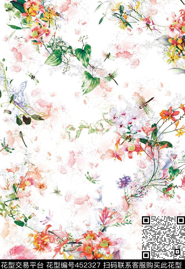 花卉面料蜻蜓数码印花华亿平台下载（图片编号: 452327） - 瓦栏（Walan）