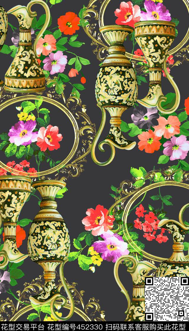 复古时尚古典器皿花卉数码印花华亿平台下载（图片编号: 452330） - 瓦栏（Walan）