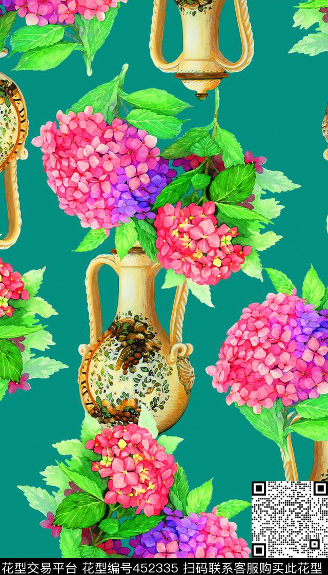 古典器皿清新绣球花数码印花华亿平台下载（图片编号: 452335） - 瓦栏（Walan）