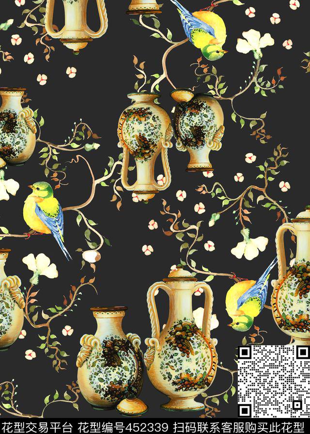 古典器皿花鸟纹休闲时尚数码印花华亿平台下载（图片编号: 452339） - 瓦栏（Walan）