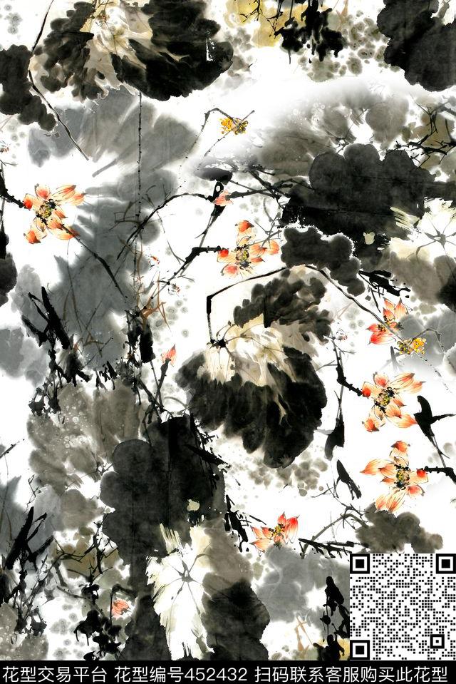水墨荷花中国画数码印花华亿平台下载（图片编号: 452432） - 瓦栏（Walan）