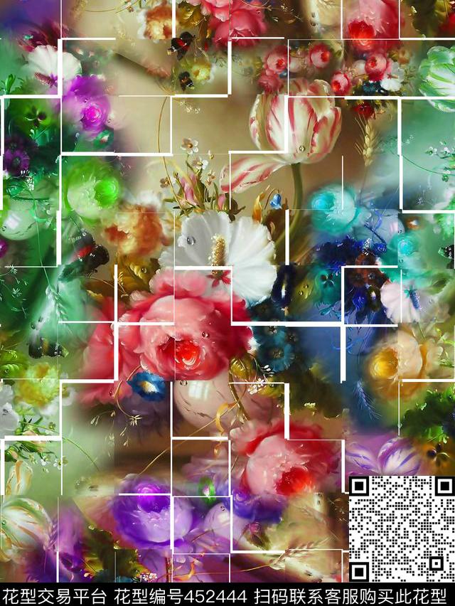 花卉油画拼贴数码印花华亿平台下载（图片编号: 452444） - 瓦栏（Walan）