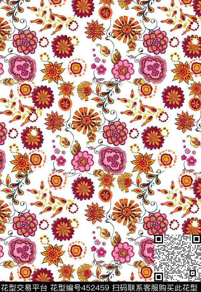 流行时尚潮流手绘风格化花卉传统印花华亿平台下载（图片编号: 452459） - 瓦栏（Walan）