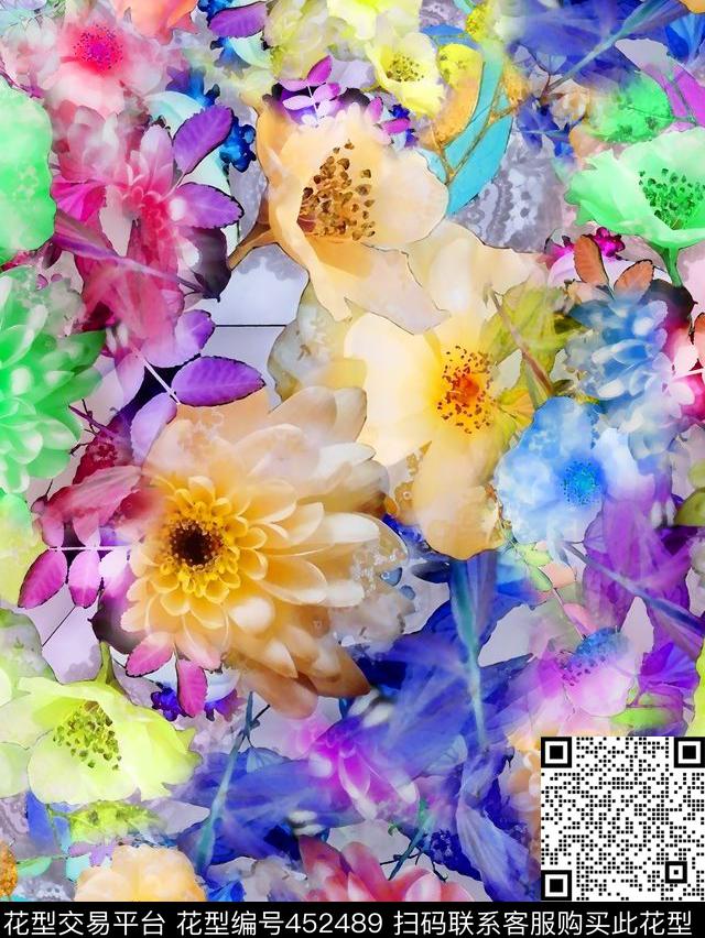 花卉多彩抽象数码印花华亿平台下载（图片编号: 452489） - 瓦栏（Walan）