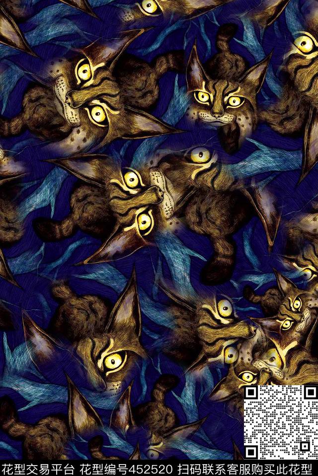 插画黑夜猫咪数码印花华亿平台下载（图片编号: 452520） - 瓦栏（Walan）