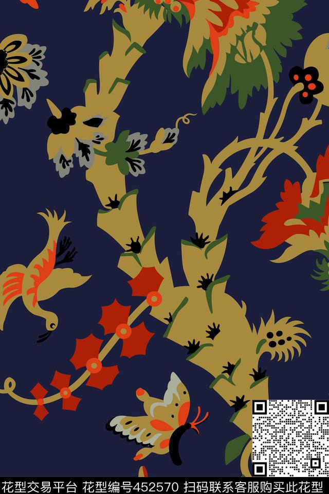 风格化传统印花鸟传统印花华亿平台下载（图片编号: 452570） - 瓦栏（Walan）