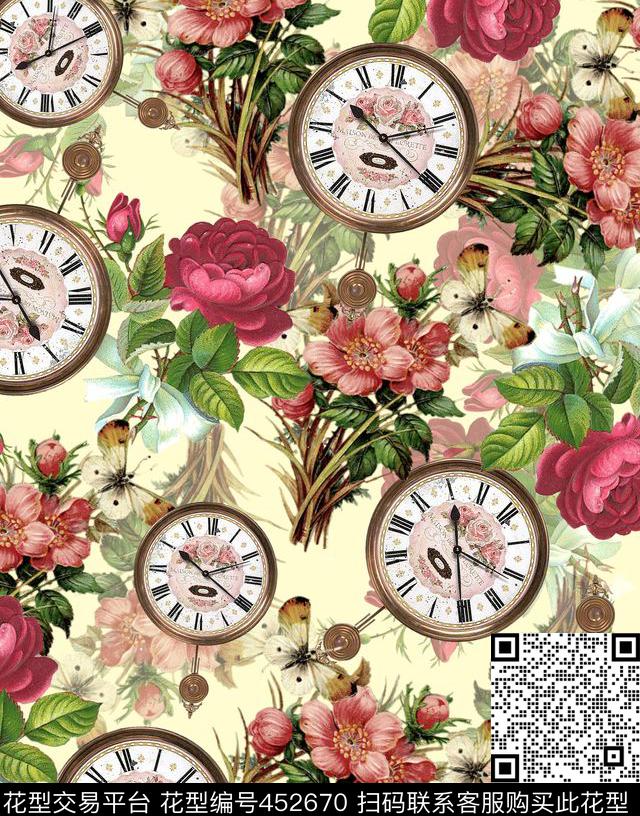 花朵时钟手绘数码印花华亿平台下载（图片编号: 452670） - 瓦栏（Walan）