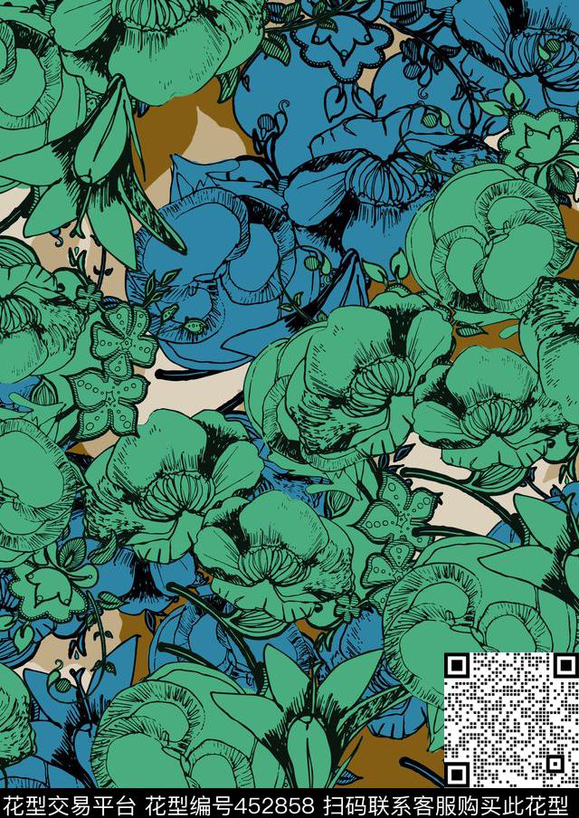 衬衫华亿平台风格化花卉花朵传统印花华亿平台下载（图片编号: 452858） - 瓦栏（Walan）