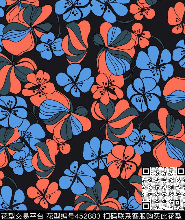潮流大牌纯电脑手绘风格化花卉传统印花华亿平台下载（图片编号: 452883） - 瓦栏（Walan）