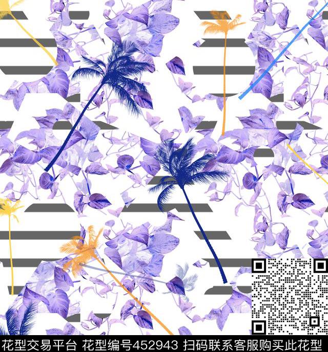 花卉流行时尚条纹数码印花华亿平台下载（图片编号: 452943） - 瓦栏（Walan）