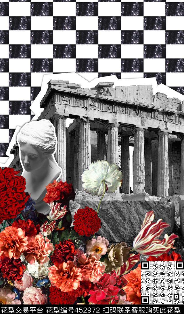 方格几何复古花卉神庙建筑数码印花华亿平台下载（图片编号: 452972） - 瓦栏（Walan）