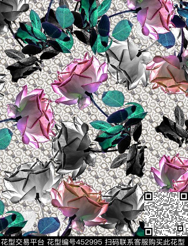 玫瑰花珍珠欧式数码印花华亿平台下载（图片编号: 452995） - 瓦栏（Walan）