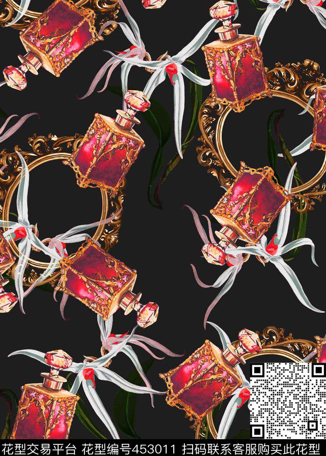 复古香水瓶兰花欧式边框数码印花华亿平台下载（图片编号: 453011） - 瓦栏（Walan）