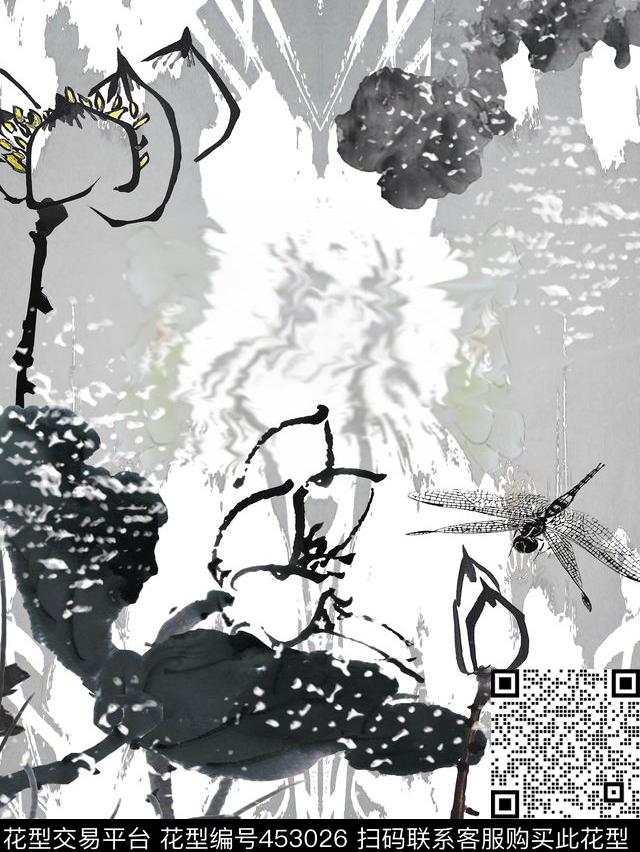 传统荷花蜻蜓传统印花华亿平台下载（图片编号: 453026） - 瓦栏（Walan）