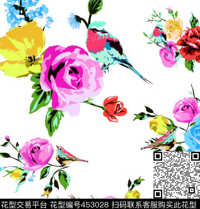田园风小鸟花朵传统印花华亿平台下载（图片编号: 453028） - 瓦栏（Walan）
