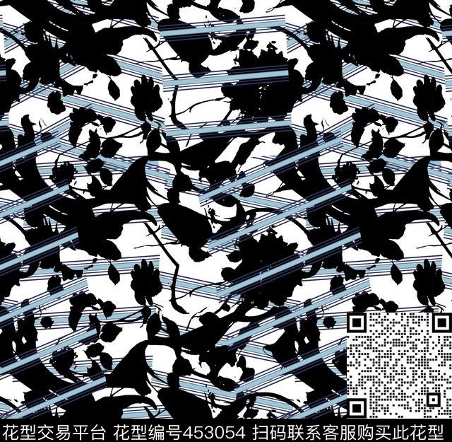 简约时尚现代条纹剪影花泼墨笔触手绘叠加错位几何条格传统印花华亿平台下载（图片编号: 453054） - 瓦栏（Walan）