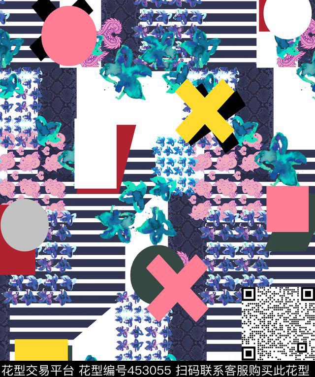 花团几何条格蛇纹动物纹水彩花不规则趣味叠加冲突现代流行时尚数码印花华亿平台下载（图片编号: 453055） - 瓦栏（Walan）