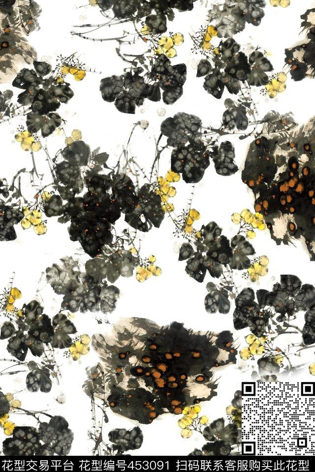水墨中国画野果数码印花华亿平台下载（图片编号: 453091） - 瓦栏（Walan）