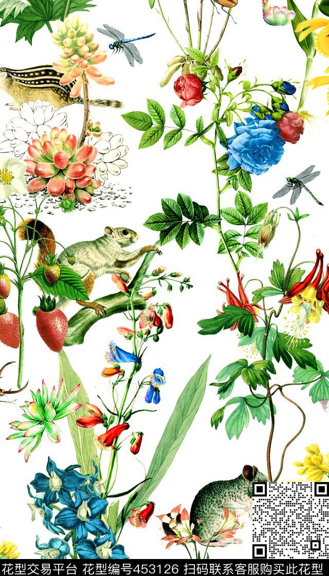 时尚花卉松鼠数码印花华亿平台下载（图片编号: 453126） - 瓦栏（Walan）