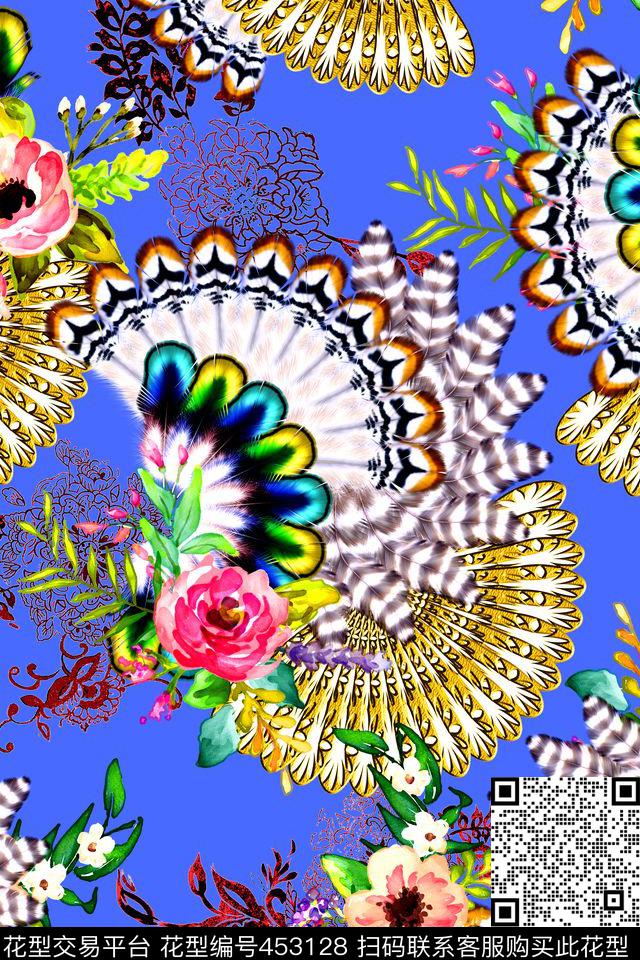 时尚羽毛年轻女性数码印花华亿平台下载（图片编号: 453128） - 瓦栏（Walan）