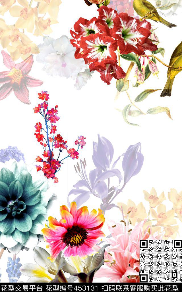 小清新花卉鸟数码印花华亿平台下载（图片编号: 453131） - 瓦栏（Walan）