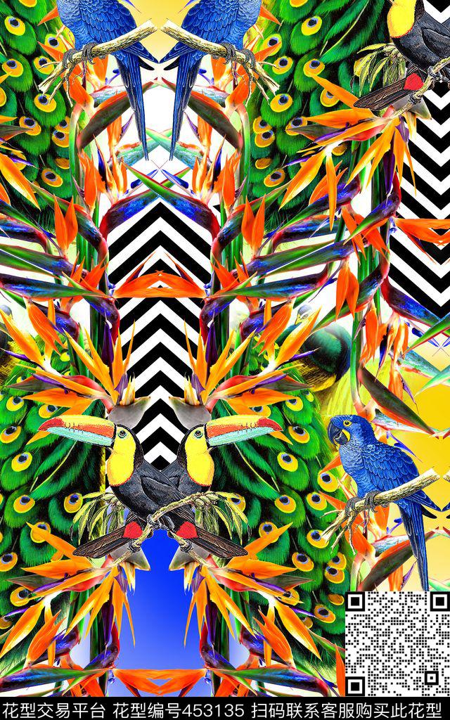 热带风天堂鸟鹦鹉数码印花华亿平台下载（图片编号: 453135） - 瓦栏（Walan）