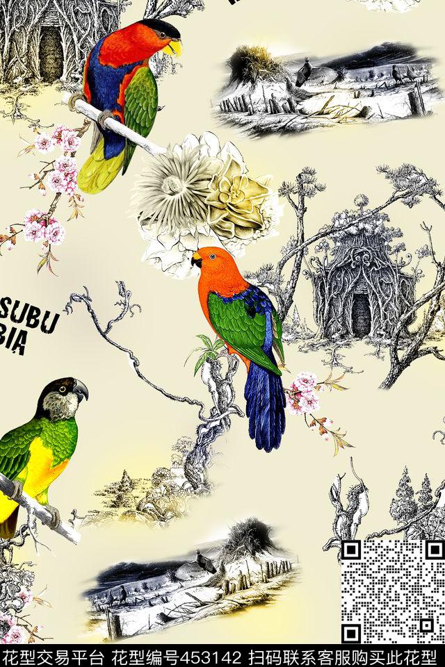 时尚树屋桃花数码印花华亿平台下载（图片编号: 453142） - 瓦栏（Walan）