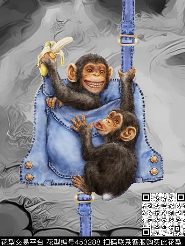 T恤衫独幅华亿平台牛仔布袋小猴子时尚流行新潮数码印花华亿平台下载（图片编号: 453288） - 瓦栏（Walan）