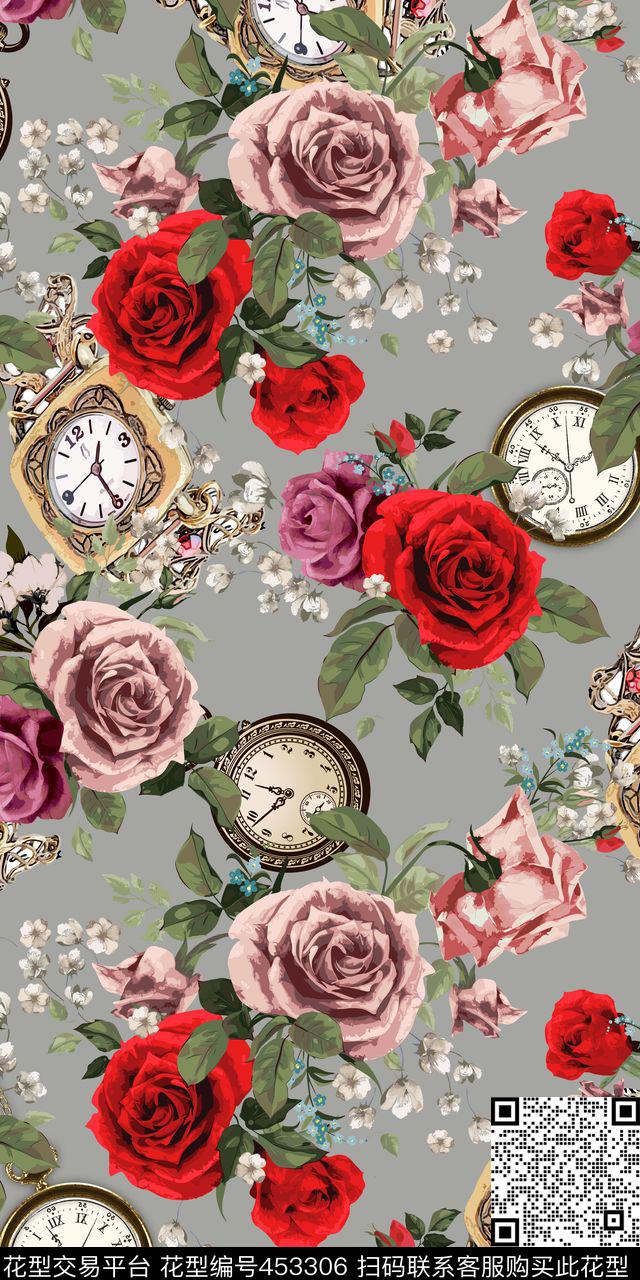 流行时尚复古手绘怀表玫瑰花卉流行时尚花卉数码印花华亿平台下载（图片编号: 453306） - 瓦栏（Walan）