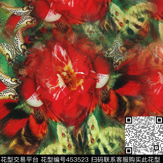 花卉蝴蝶写意数码印花华亿平台下载（图片编号: 453523） - 瓦栏（Walan）