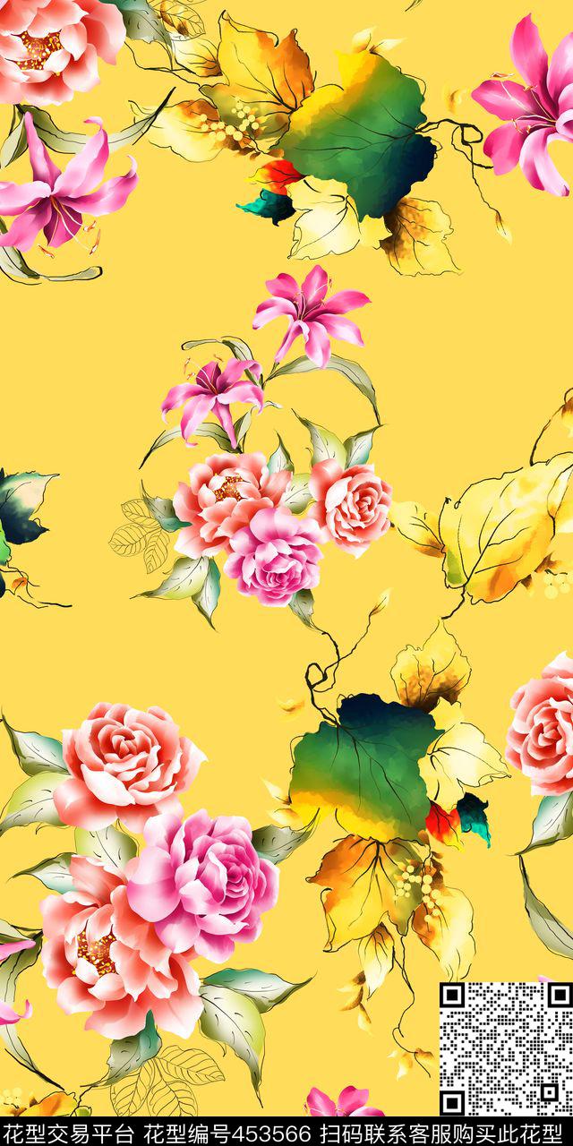 春夏大气手绘牡丹花卉抽象树叶数码印花华亿平台下载（图片编号: 453566） - 瓦栏（Walan）