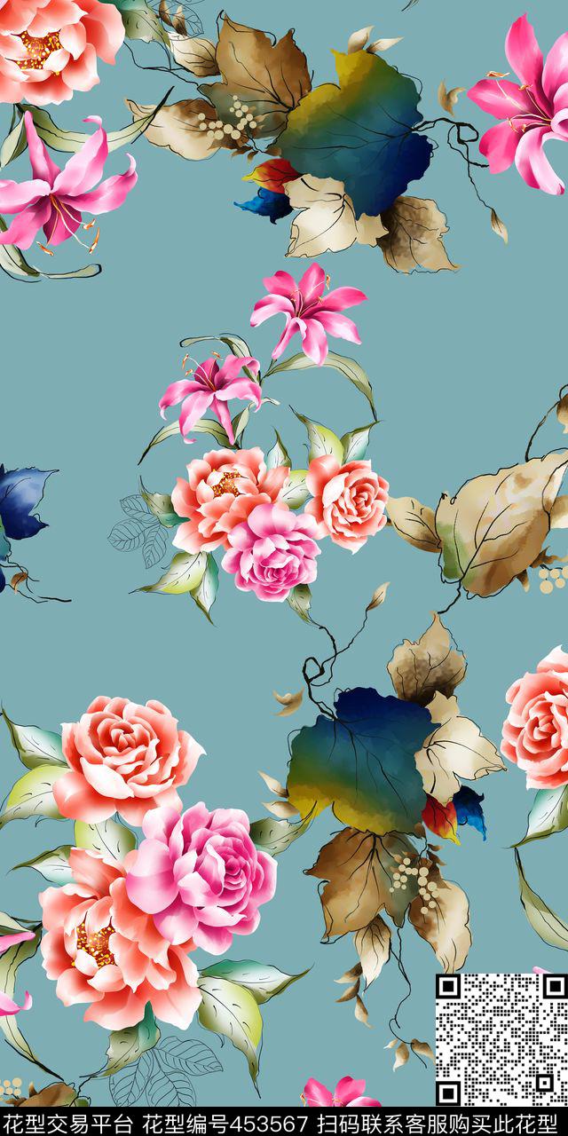 春夏大气手绘牡丹花卉抽象树叶数码印花华亿平台下载（图片编号: 453567） - 瓦栏（Walan）